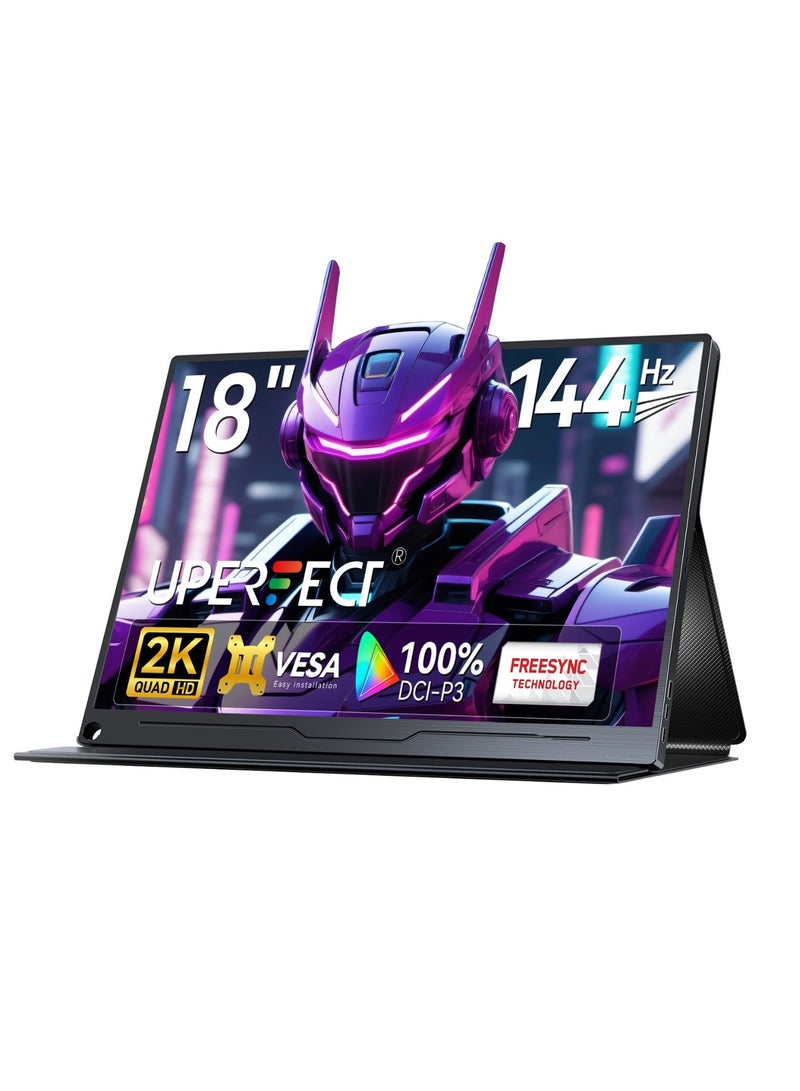 أوبيرفكت شاشة محمولة من UPERFECT مقاس 18 بوصة 144 هرتز 2560*1600P QHD IPS IHD IPS USB C ومنفذ HDMI صغير للشاشة الثانية للكمبيوتر المحمول/الهاتف/وحدة التحكم في الألعاب، قابلة للتركيب VESA - Image 1